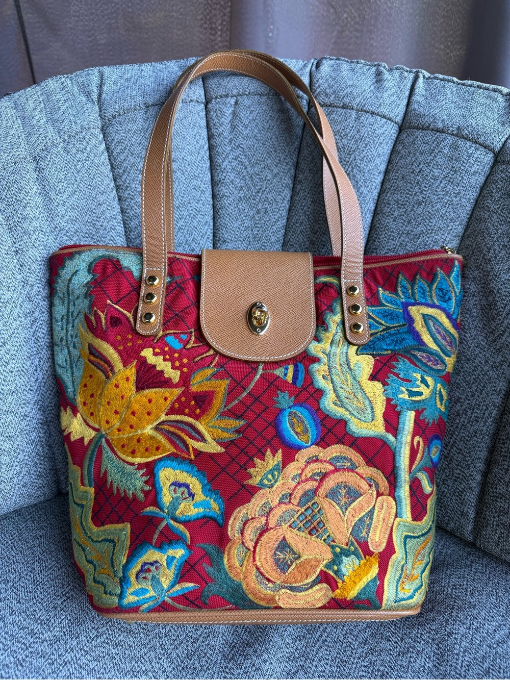Eric Javits Red Floral Embroidered Tote with Tan Trim